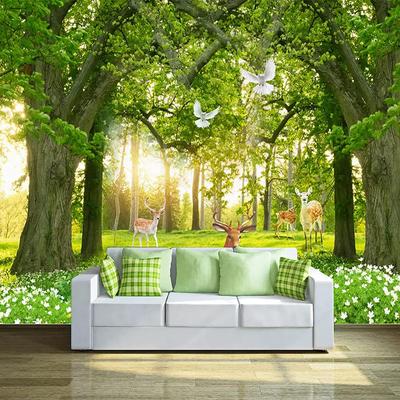 3D-Wandbild mit frischem Wald, Hirsch- und Vogel-Tapete für Wohnzimmer, Schlafzimmer, Büro, Kinderzimmer