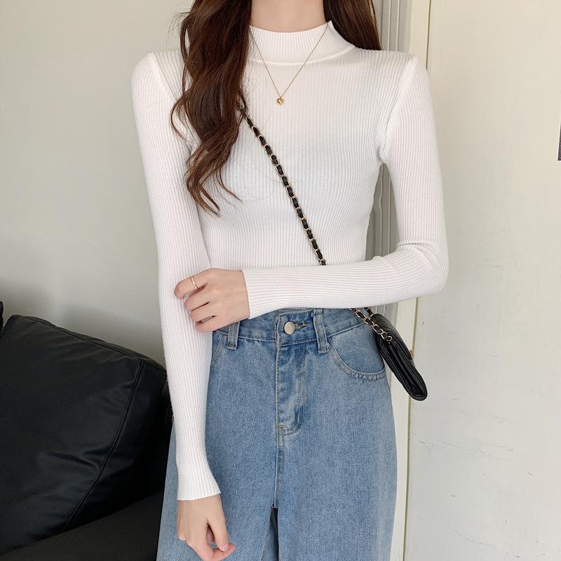 Women Spring Autumn Winter Half High Collar Pullovers Sweaters Jumper Primer Shirt Full Sleeve Short Slim-fit Tight Bottoming Knit Chic Solid One Size