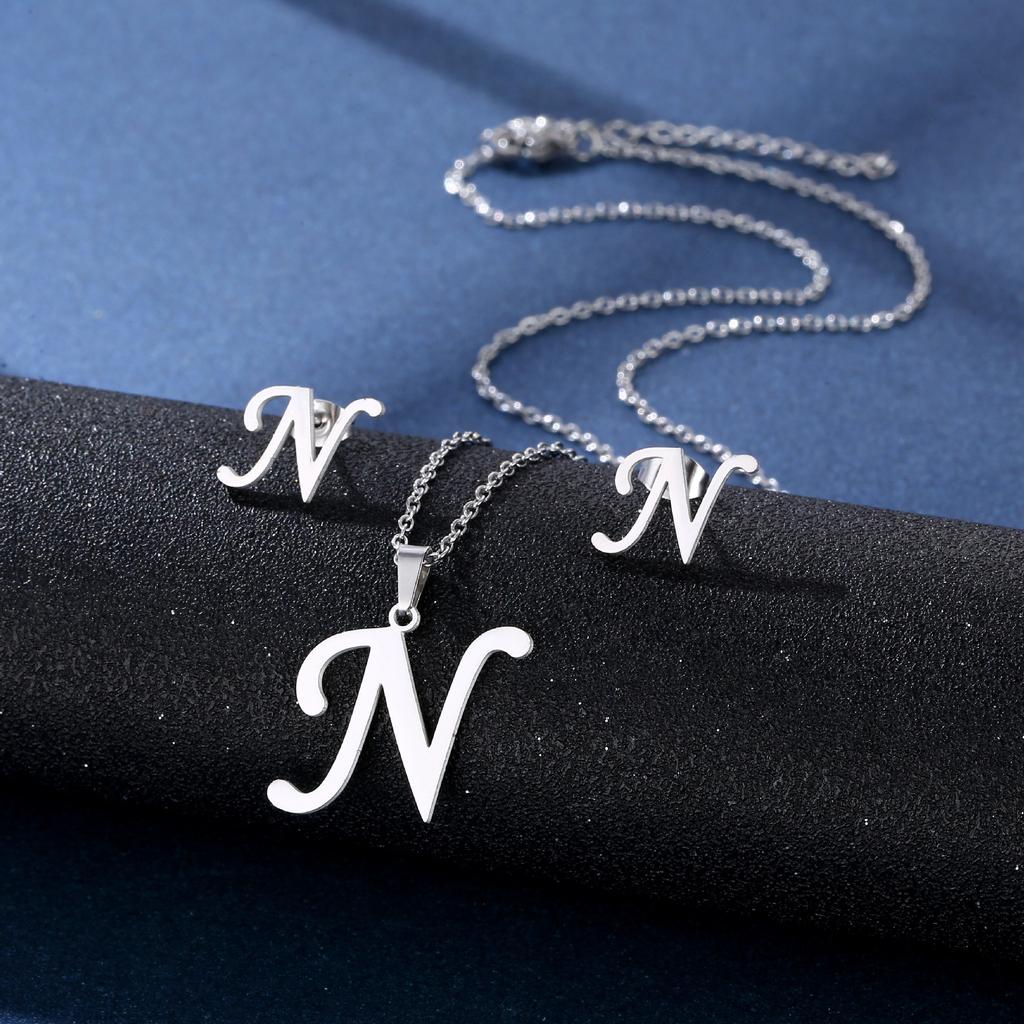 Fashion Alphabet Necklace And Earrings Set Shiny Colorfast Pendant Choker Jewelry