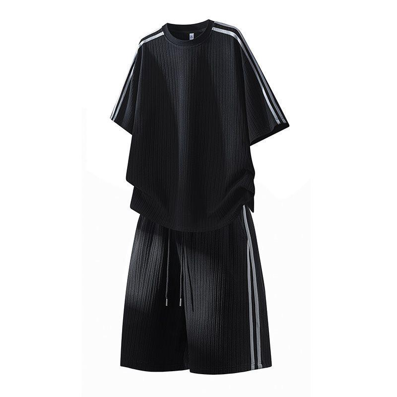 Men s Summer Ice Silk Striped Quick-Dry T-Shirt and Shorts Set 4XL