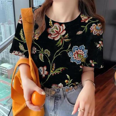 New T-shirt Women's Clothing Crew-neck Top Summer Casual Short-sleeved Flower Print Loose Comfortable Clothing Women's T-shirt
