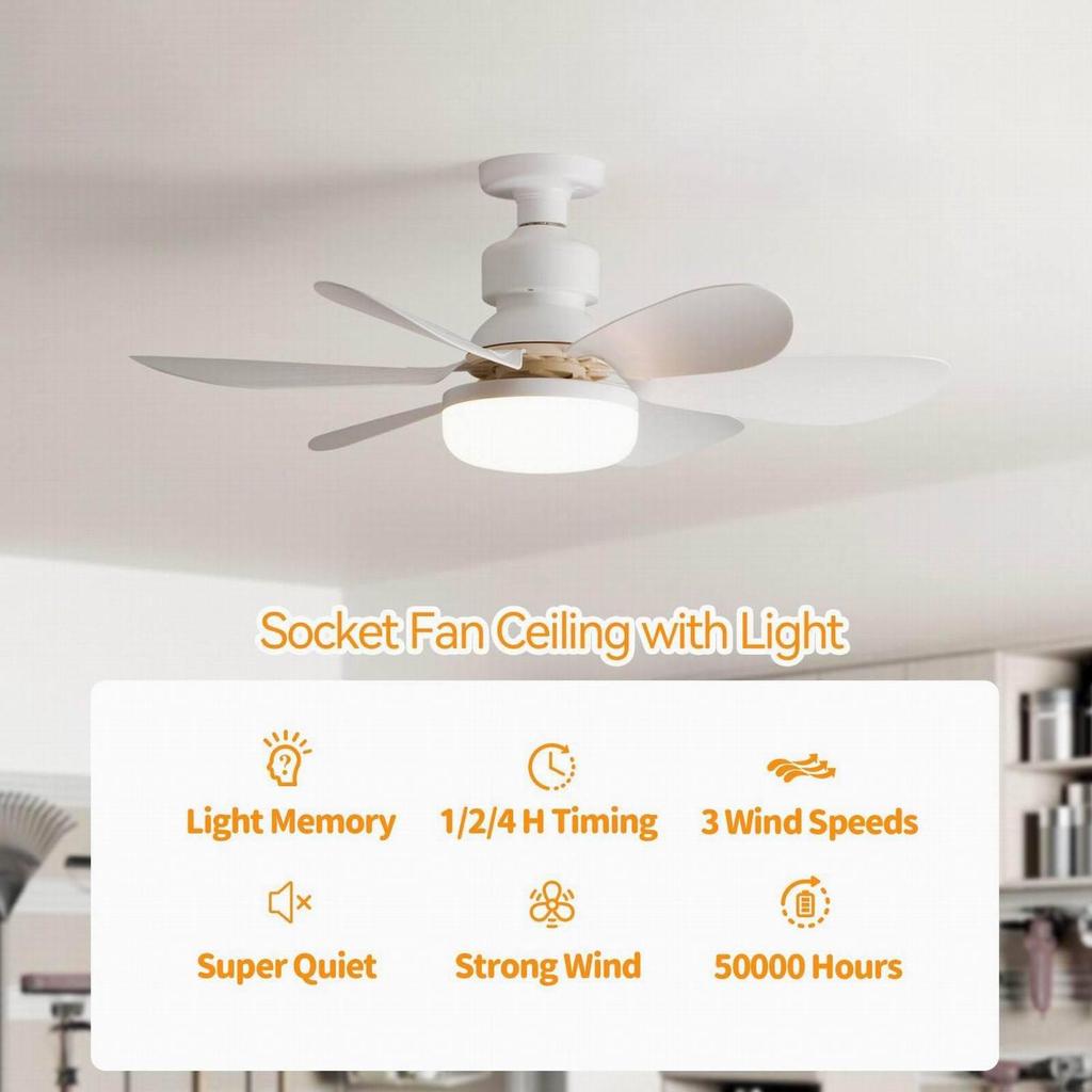 6-Blade LED Ceiling Fan Light with E27 Base for Bedroom and Study