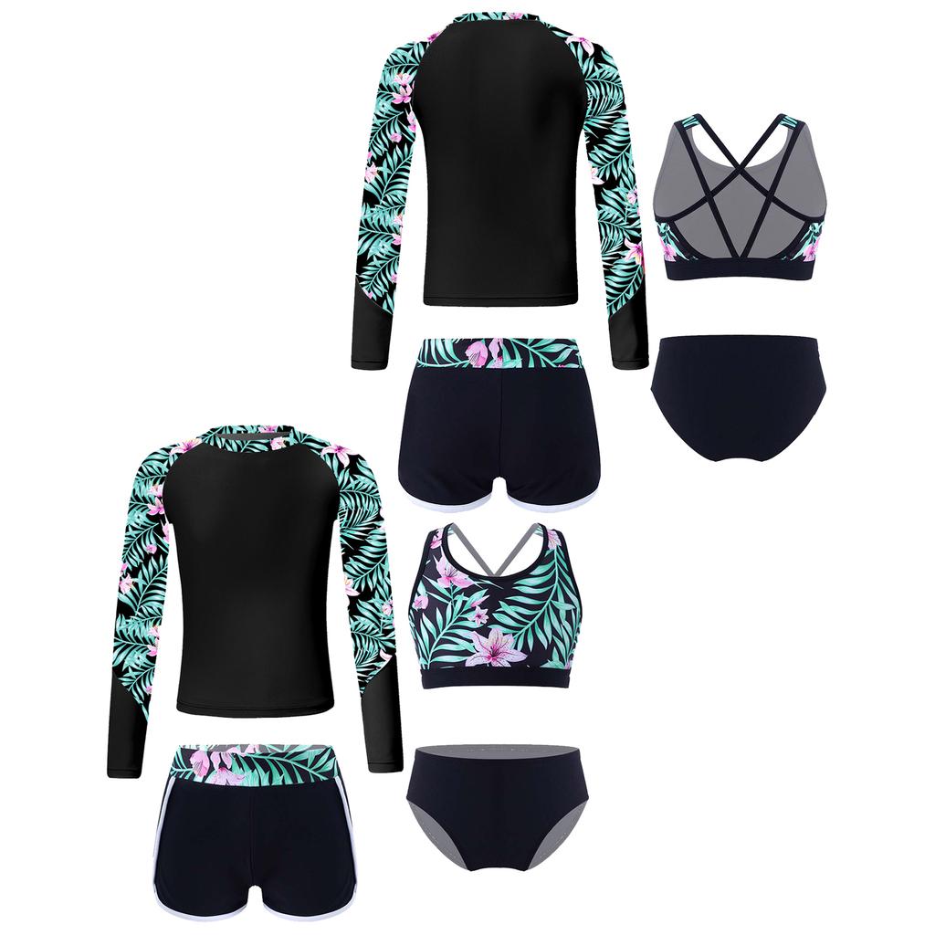Girls Long Sleeve Swimwear Set UPF Sun Protection Printed Top Crop Top Briefs Pool Outfit