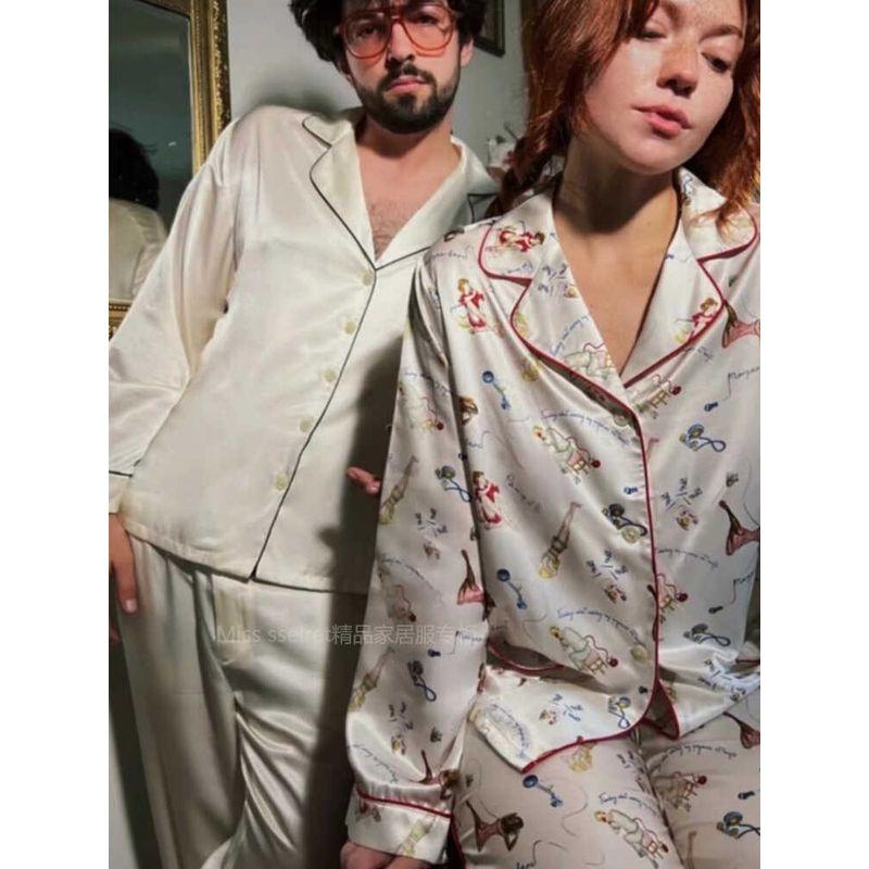 

French Accessible Luxury ~ Paris Girl Ice Silk Satin Surface Pajamas Women s Suit Long Sleeves Pants Summer Comfortable Homewear Girls whisper L
