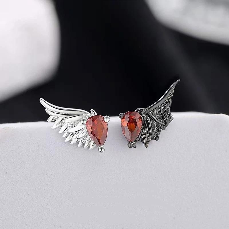 Gothic Punk Red Zircon Wing Earrings for Women Feather Angel Devil Ear Studs Unique Graduation Nightclub Look