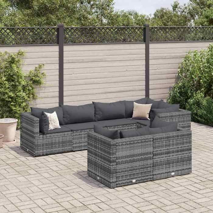 VidaXL Salon de jardin 7 pcs avec coussins Gris Résine tressée, ensemble de canapés d'extérieur, canapé d'angle de jardin, 3308186