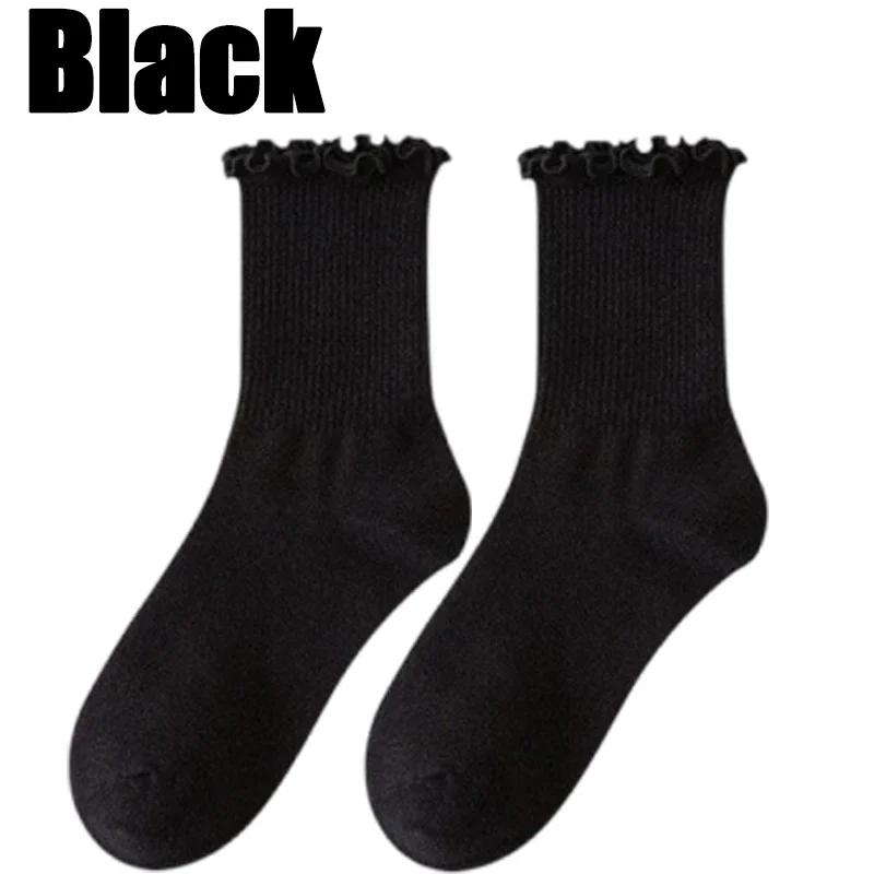 5pairs Korean Lolita JK Ruffle Cotton Socks for Women Middle Tube Ankle Soft Breathable Hosiery Black White Autumn Kawaii Socks