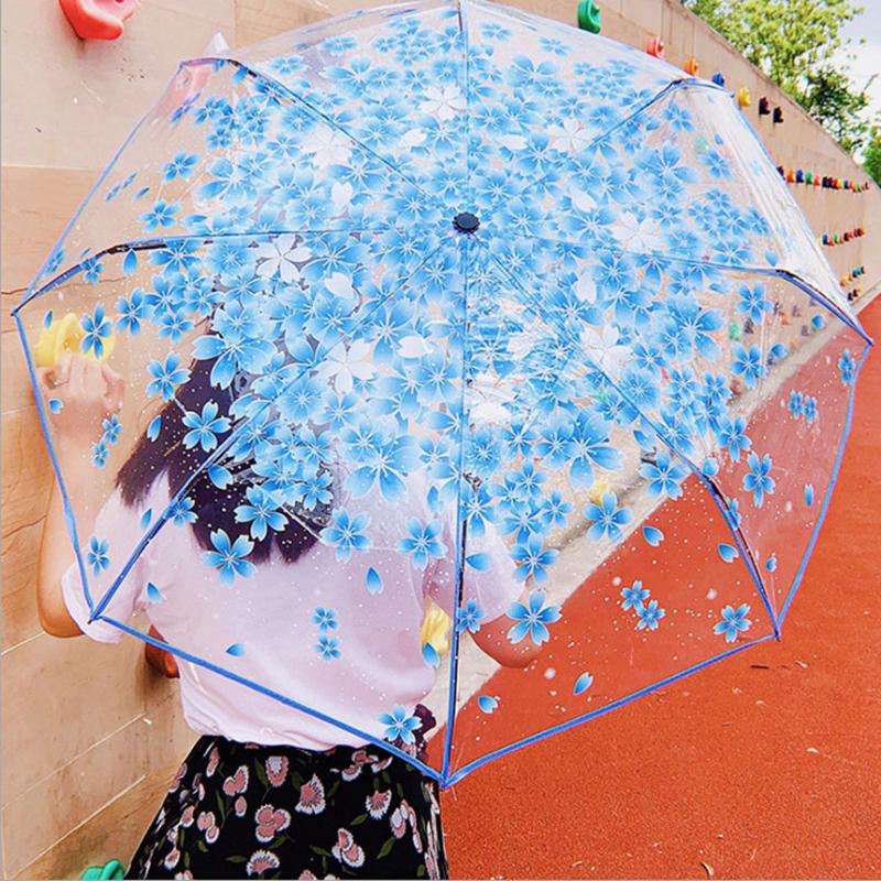 Korean Style Umbrella Folding Cute Goddess Small Fresh Simple Forest Style Three Fold Cherry Blossom Transparent Umbrella