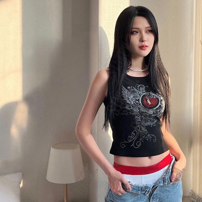 Y2k Cut Top Aesthetics Ενδύματα με μοτίβο Rhinestone Top Tank Top Μαύρο Rib Αμάνικο Tank Top