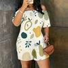 Women Plus Size Off Shoulder Short Sleeve Sunset Palm Wave Print Loose Romper With Pockets