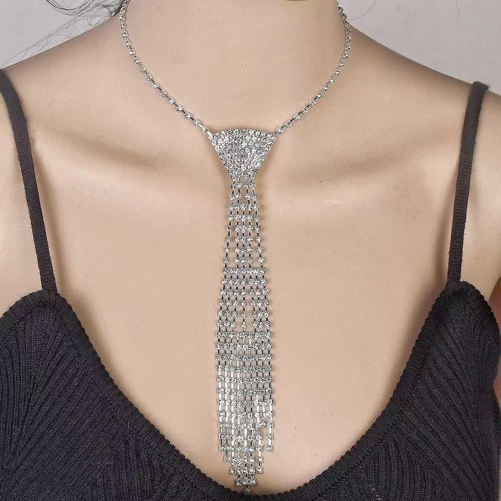 Charm Tie Shape Necklace Exaggerated Crystal Chain Choker Rhinestone Tassel Necklace  Party