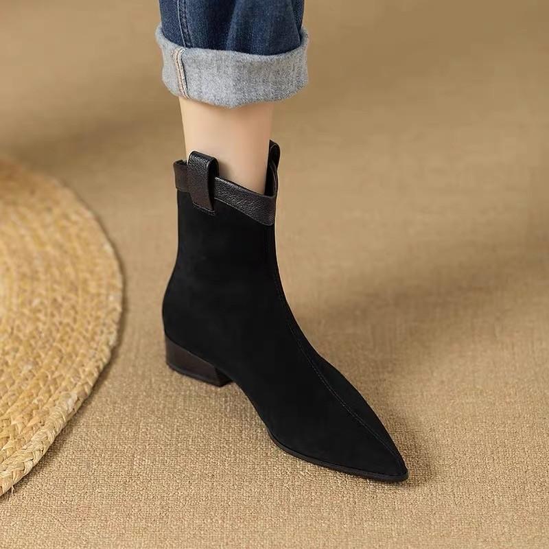 Fashion Vintage Women's 2025 Winter New Fleece Block Heel Booties Scrub Pointed Toe Chelsea Boots