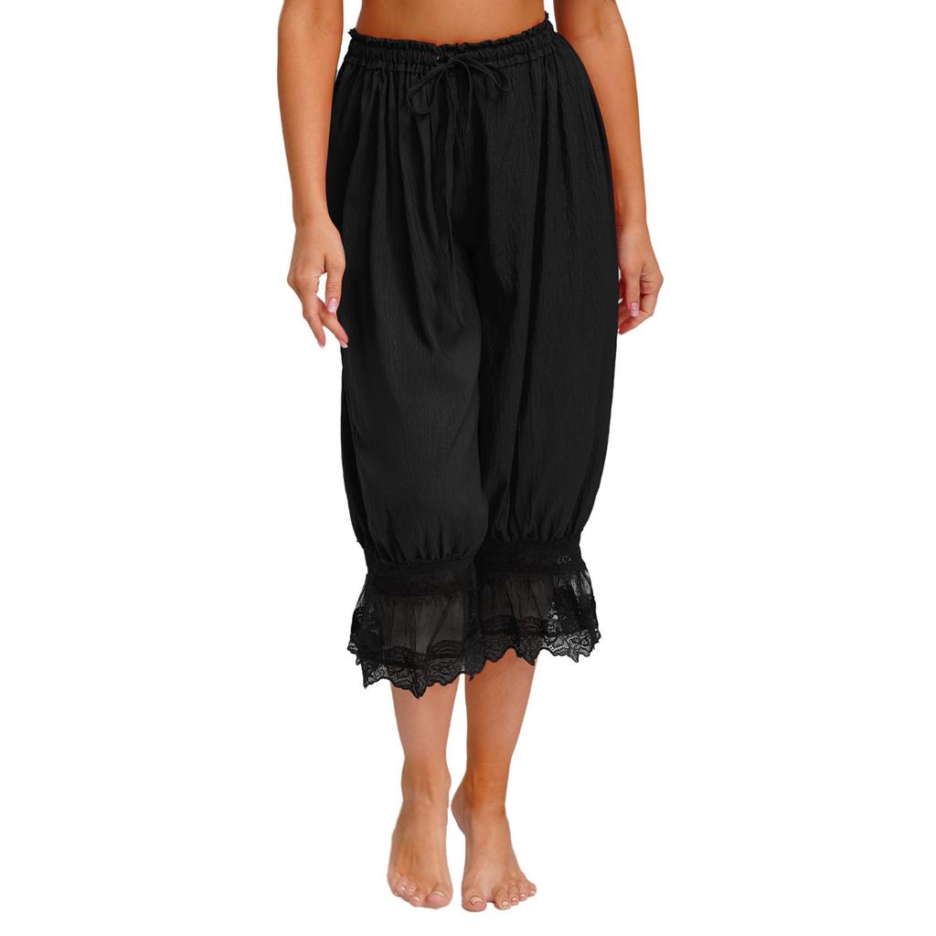 Womens Long Bloomers Loungewear Loose Harem Pants Elastic Waist Drawstring Medieval Style Midi Pants