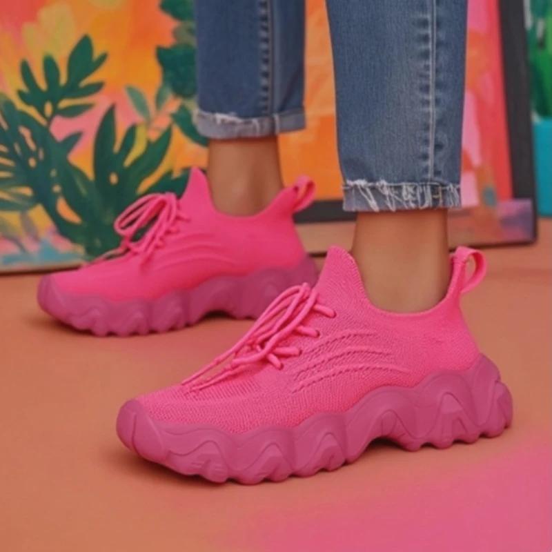 Avant Garde Women'S Knitted Shoes Mesh Can Stretch Lightweight Thick Soled Shoes Cushioning Versatile For Daily Use Light Shoes