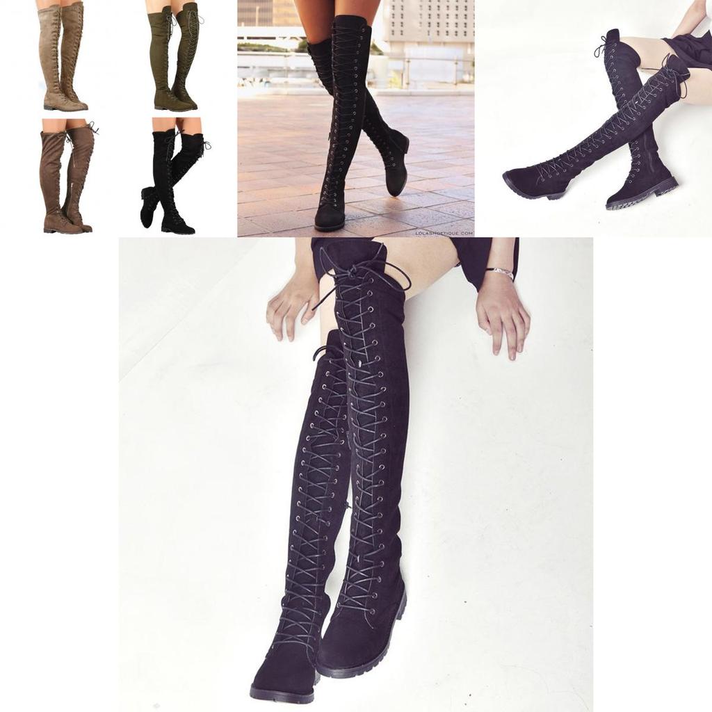 Luxurious Womens Lace Up Low Heel Thigh High Over The Knee Stretch Riding Boots Shoes