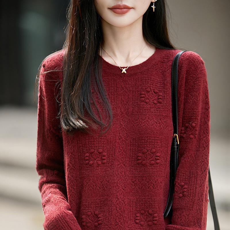 2026 A/W Plaid Wave Pattern Loose Pure Wool Knit Sweater - Women's Round Neck Long Sleeve