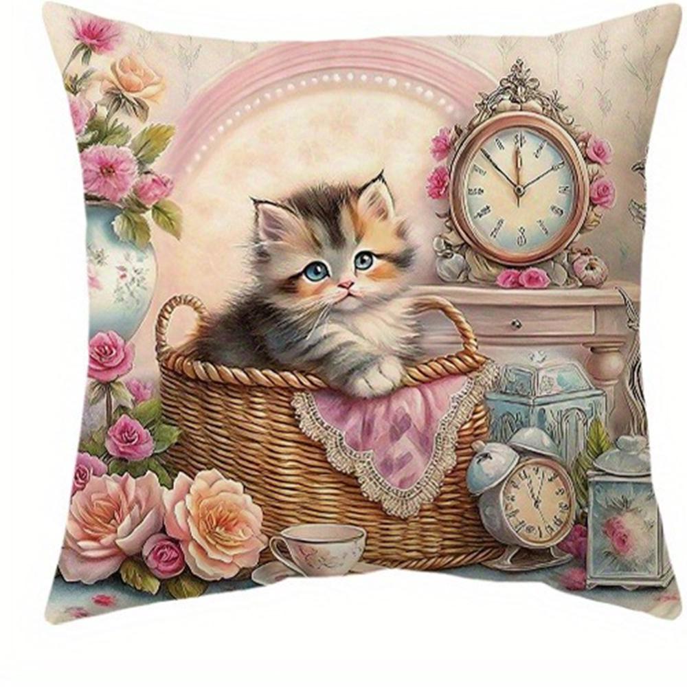 Vintage - Style Kitten Tea - Time Pillow CoversLiving Room Sofa Cushion Cover, Soft and Comfortable, Bedroom Room Decoration