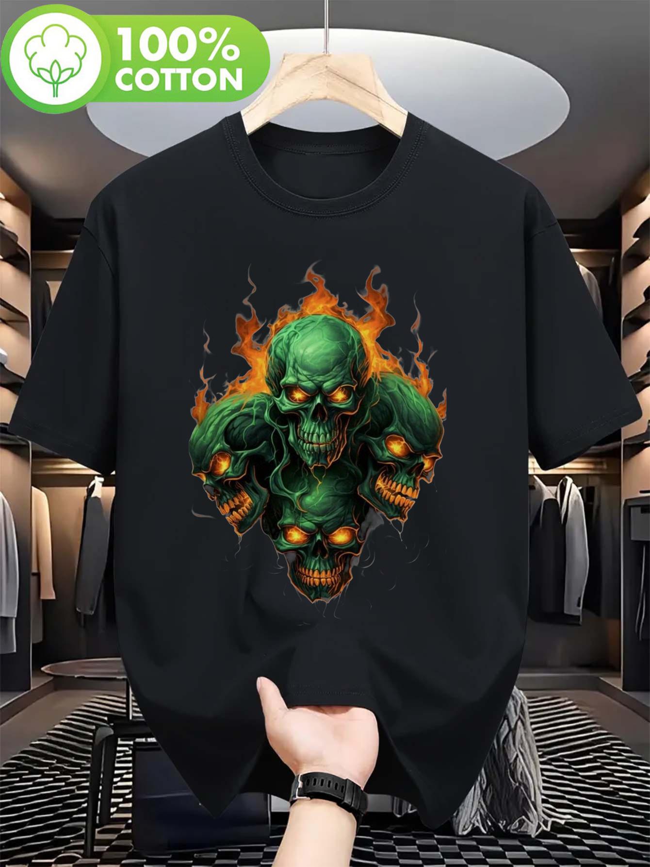 Plus Size 100% Cotton Graphic T-shirt - Skull & Flames Design L