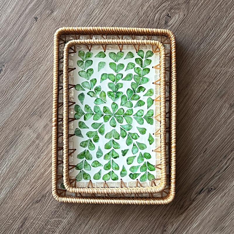 Green Leaf Rectangular Storage Basket & Tray Set