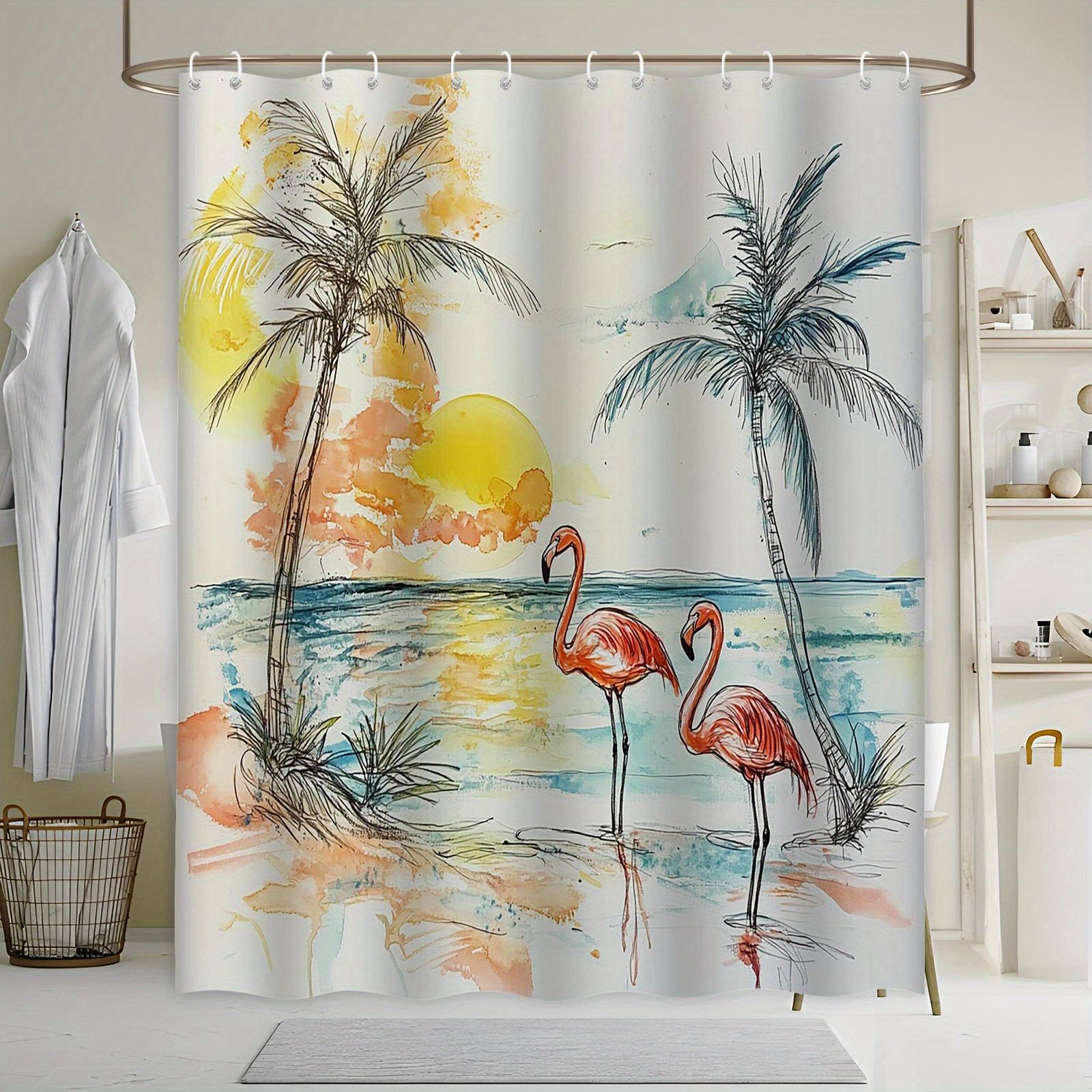 

Tropical Flamingo Shower Curtain - Vibrant Watercolor with Palm Trees & Sunlit Horizon, Coastal Decor, Machine Washable W90xH180cm