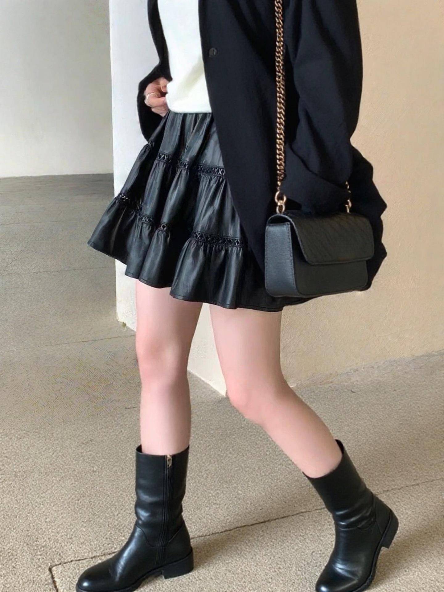 Hollow-Out PU Leather A-Line Skirt: Women s Petite Elastic High Waist Fluffy Cake Design for Autumn/Winter. One Size чёрный