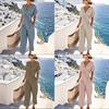 Traje de Verano para Mujer de Color Puro con Mangas Cortas Irregulares y Pantalones Plisados para Uso Casual