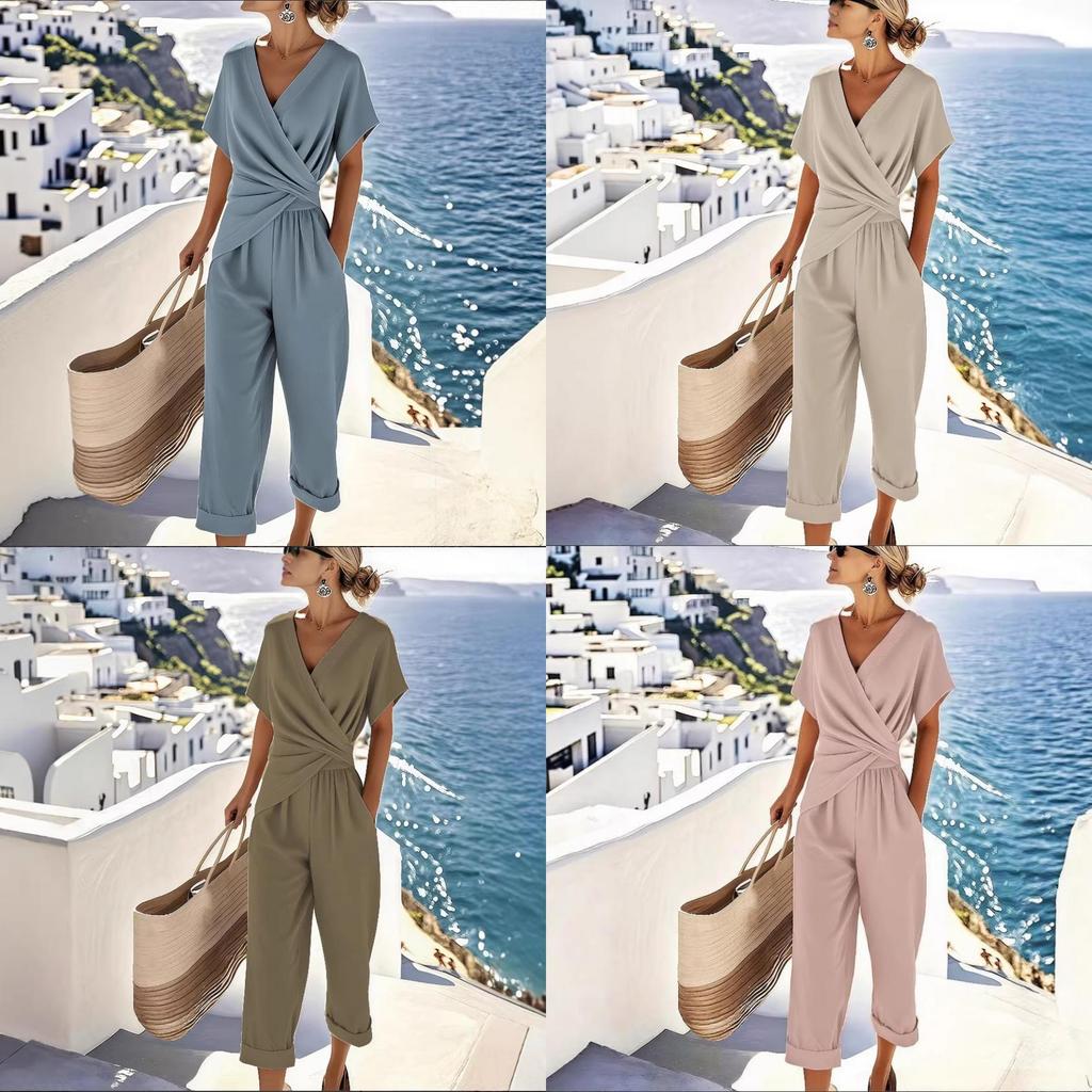 Traje de Verano para Mujer de Color Puro con Mangas Cortas Irregulares y Pantalones Plisados para Uso Casual