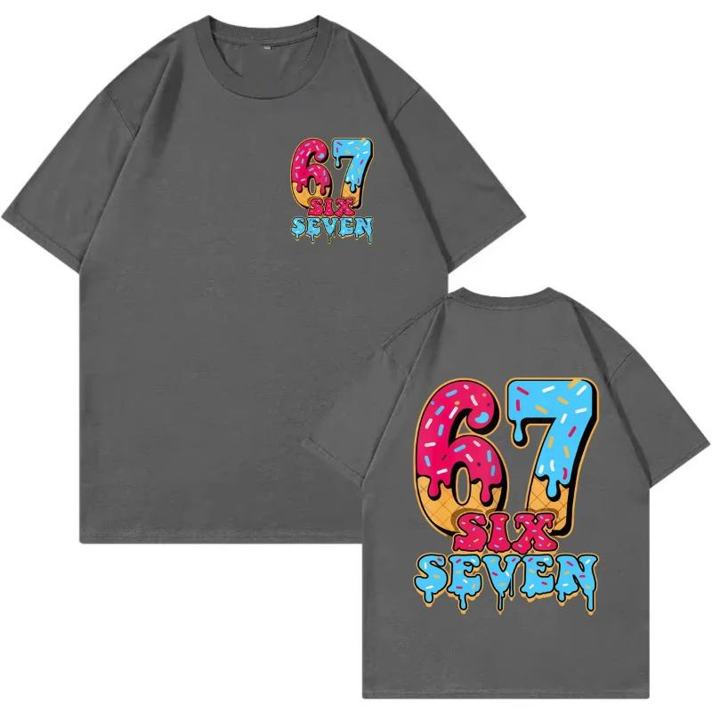Spring and Summer New Adult and Childrens Funny Six Seven 67 Ice Cream Picture Printed Cotton Casual Short Sleeved Tshirt