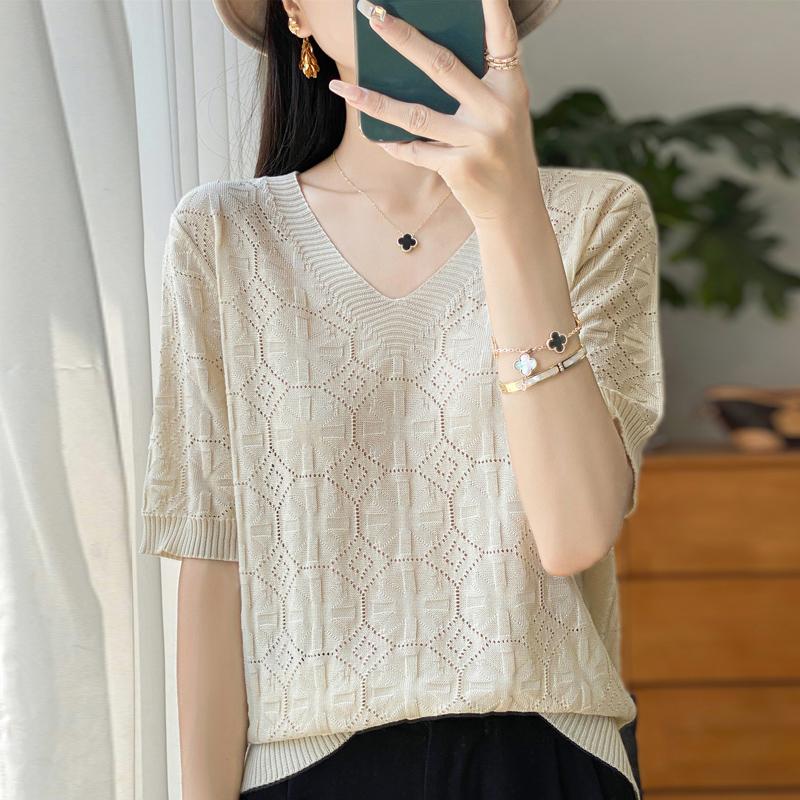 Women Knit T-shirt Summer Knitted Shirt Short Sleeve Tees V-neck Pullover Knit Tops Female