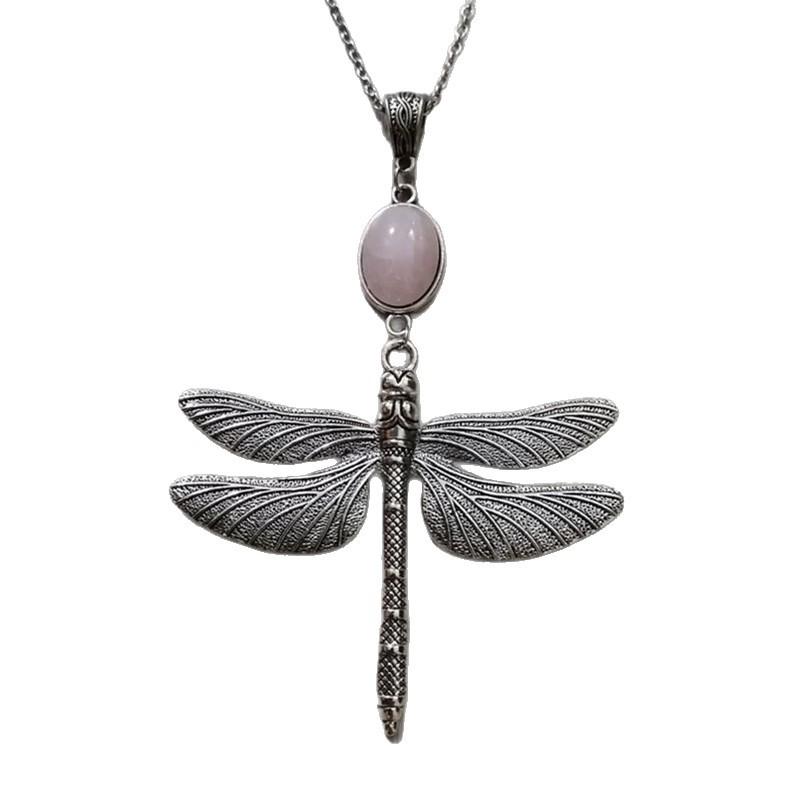 Neuer großer Libellen-Anhänger Lange Kette Halskette - Böhmischer Rosa Natürlicher Kristallquarz Schmuck