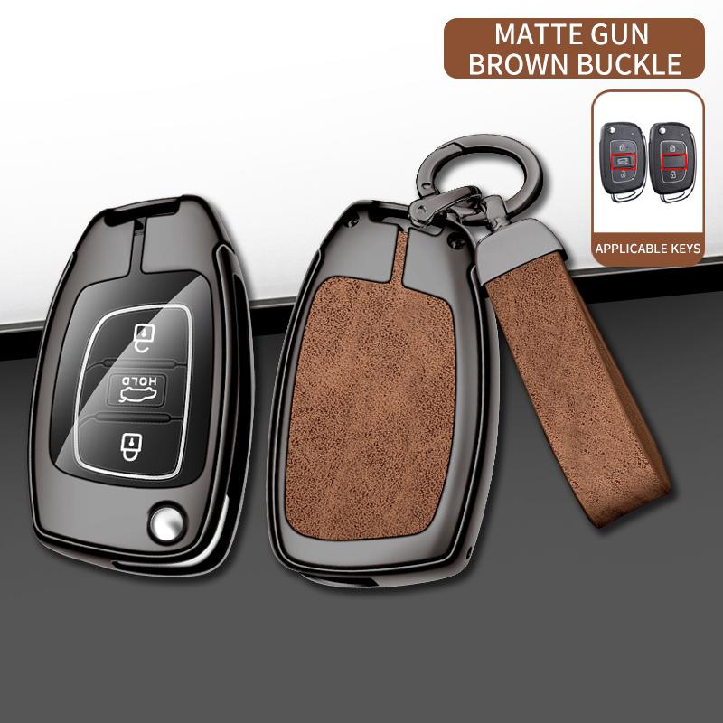 Metal Leather Car Key Case For Hyundai Solaris 2 Elantra I30 I35 I40 Tucson Kona     Key Chain Accessories