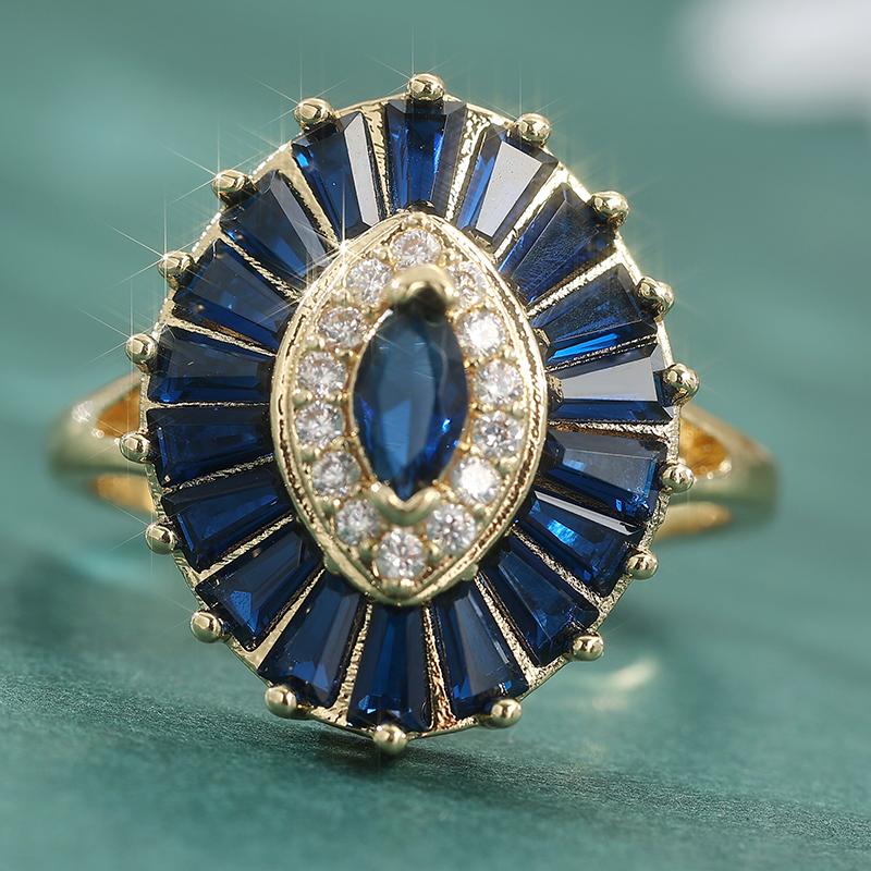 Luxurious Elegant Micro Pave Synthetic Blue Cubic Zirconia Ring For Women Creative Oval Design Fashion Ring Trend Jewelry