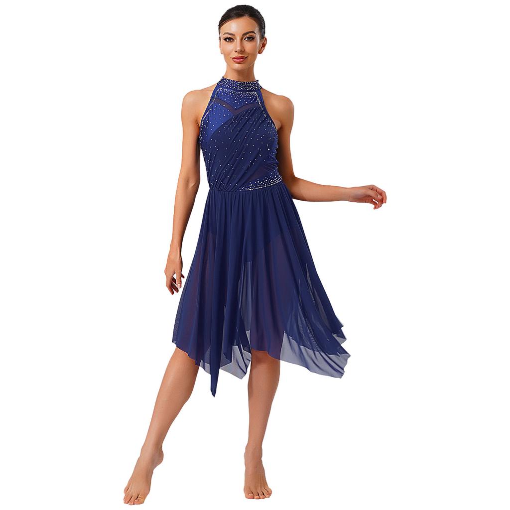 Womens Lyrical Dance Costume Sparkle Rhinestone Irregular Mesh Ruffled Skirt Built In Briefs Dress
