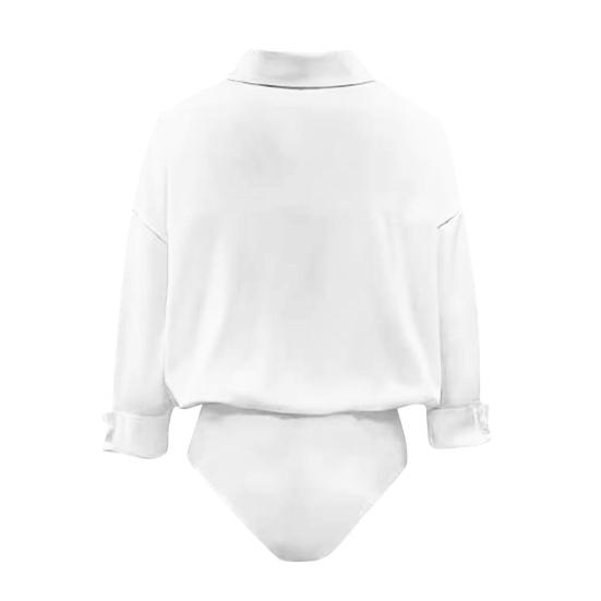 Damen Office Bluse Bodysuit Top Knopfleiste Kragen Langarm Einteiler Arbeitshemd Lässig Lockerer Schnitt Business Tops