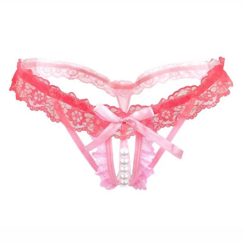 Plus Size Lingerie Women Lace Briefs Pearl Beading Panties For Sex Open Crotch Thongs G Strings Transparent Underwear
