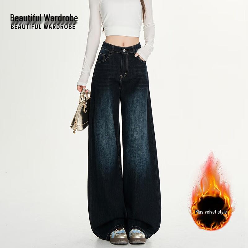 

Women s Retro American Wide-Leg Fleece-lined Jeans XL