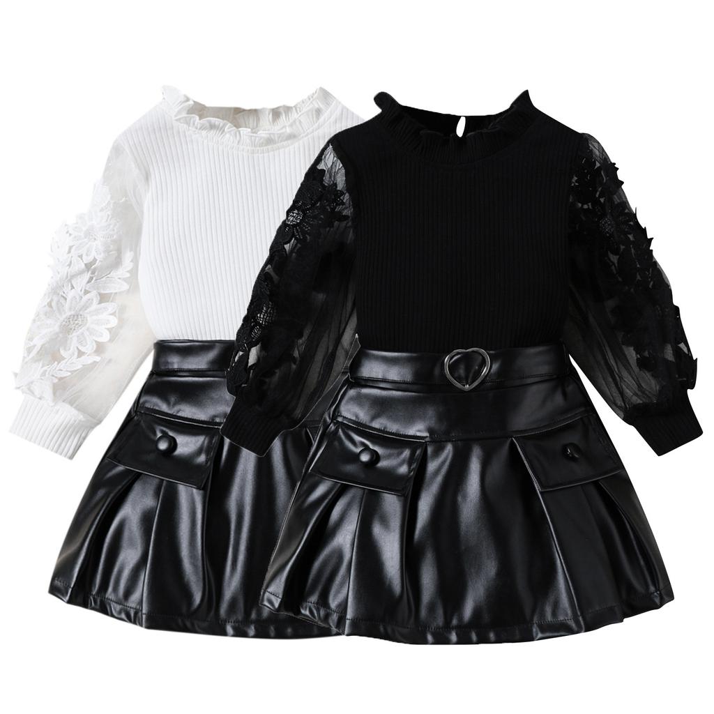 Autumn Girls' Two-color Mesh Embroidered Long Sleeved Top, PU Leather Skirt, Children's Set