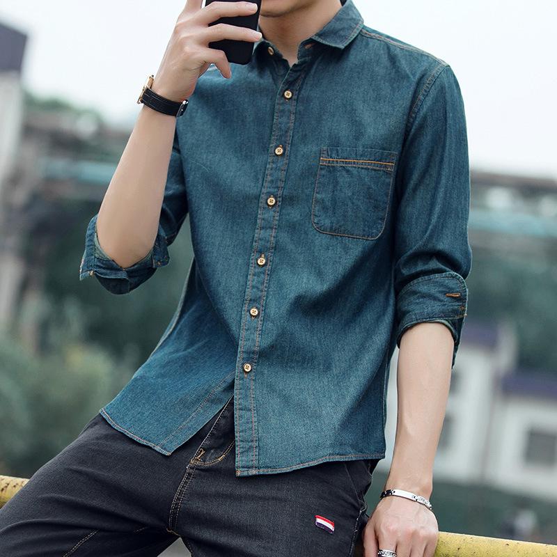 

Мужская рубашка из хлопкового денима с длинными рукавами s2094, корейские облегающие рубашки, деловые повседневные топы XXXL