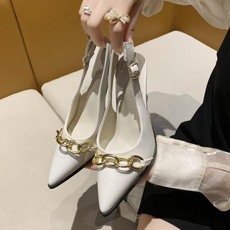 New Baotou sandals women's summer metal chain pointed stiletto high heels design sense