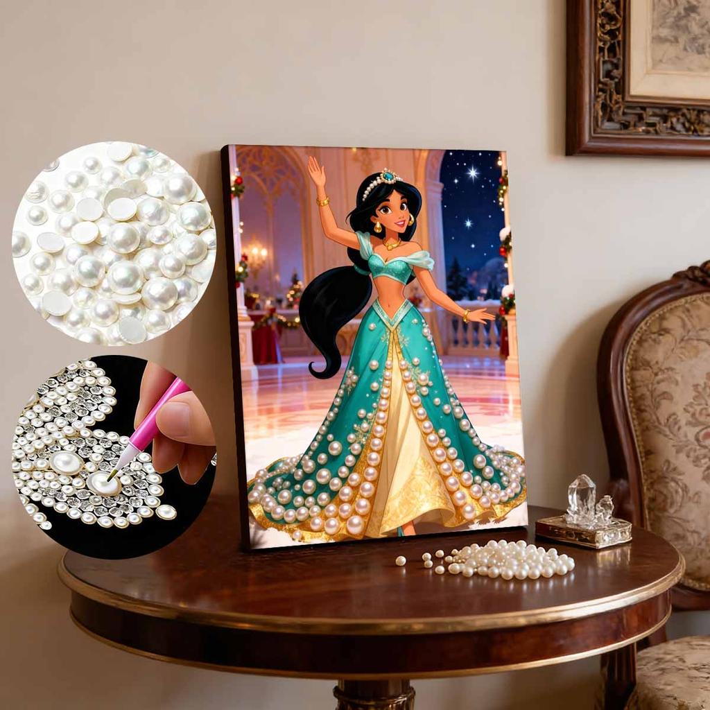 Disney Aladdin Jasmine Princess with Pearl Decorated Set 5D Artificial Pearl Puzzle Embroidered Home Decorative Handmade Gift