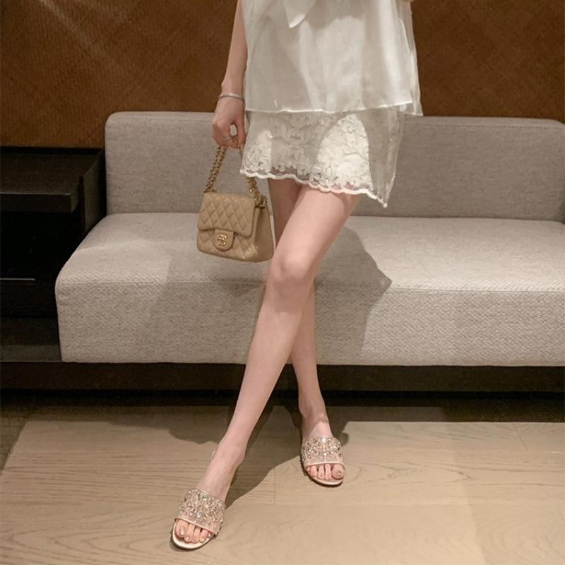 Limited edition crystal mesh rhinestone thick heel slippers women's sandals dinner wear