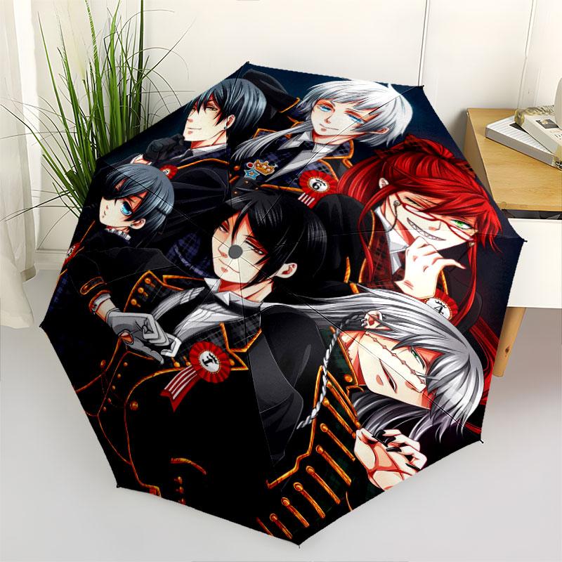 1 PC Automatic Folding Umbrella - Black Butler Pattern Portable Foldable Design With 8 Ribs Christmas Birthday Gifts