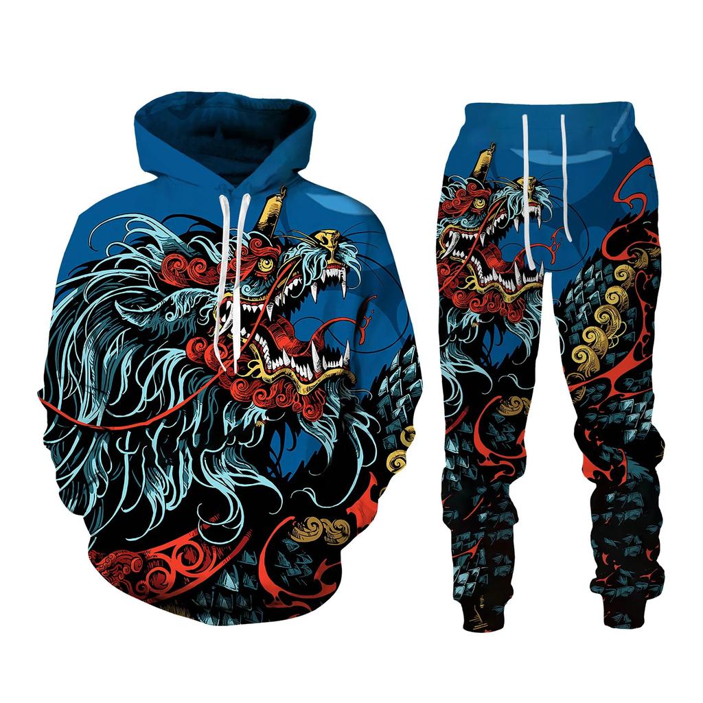 Autumn 3D Oriental Dragon God Printed Herre Hette Genser Set Mannlig Japansk Samurai Tatovering Glidelås 3d Treningsdress Herreklær Dress