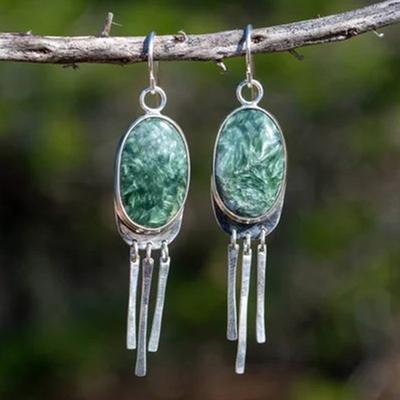 Vintage Silver Color Round Green Stone Carving Dangle Earrings for Women Jewelry
