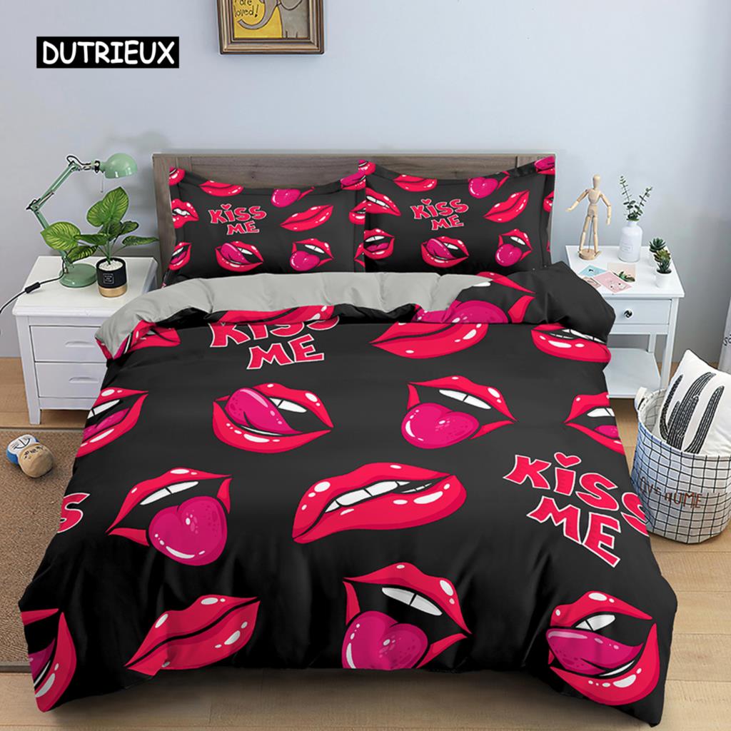 Red Lips Duvet Cover Set 3D Bedding Set Kiss Me Red Lips Bedclothes King Size Quilt Cover Sexy Lips for Women Men Bedroom Decor