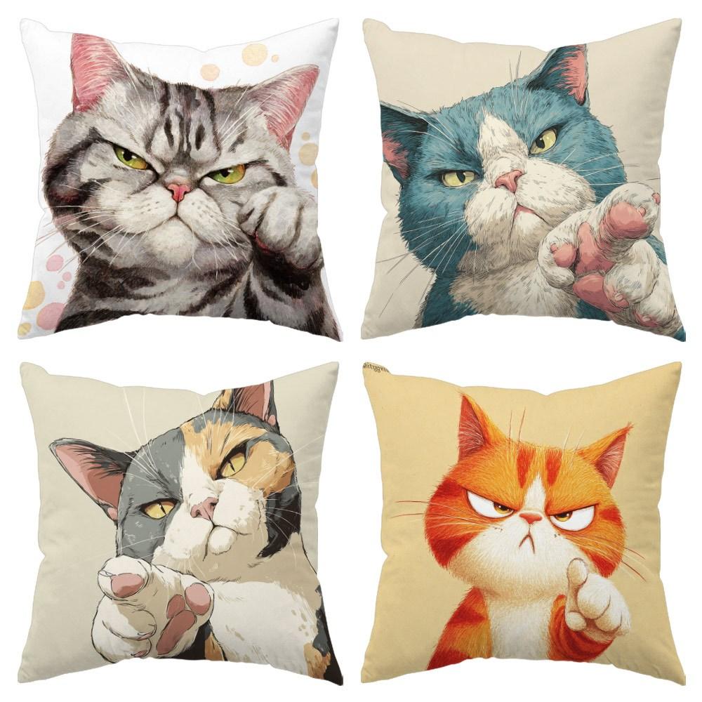 4Pcs Funny Grumpy Cat Throw Pillow Covers Cartoon Cat Double-Sided Printed Cushion Cases Cat Lover Decor For Bedroom Living Room