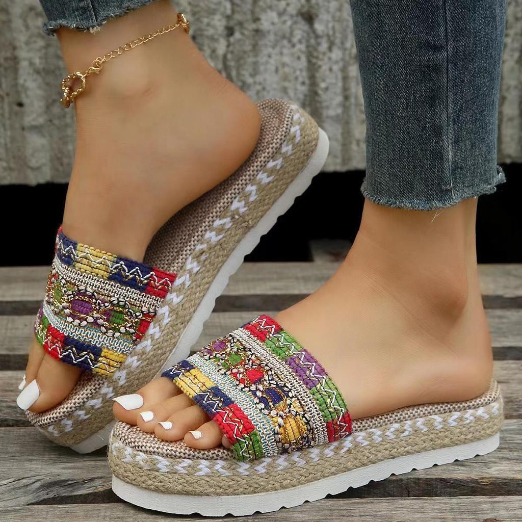 European & American Bohemian Thick-Sole Sandals: Colorful Ribbon, Women's Round-Head Slippers