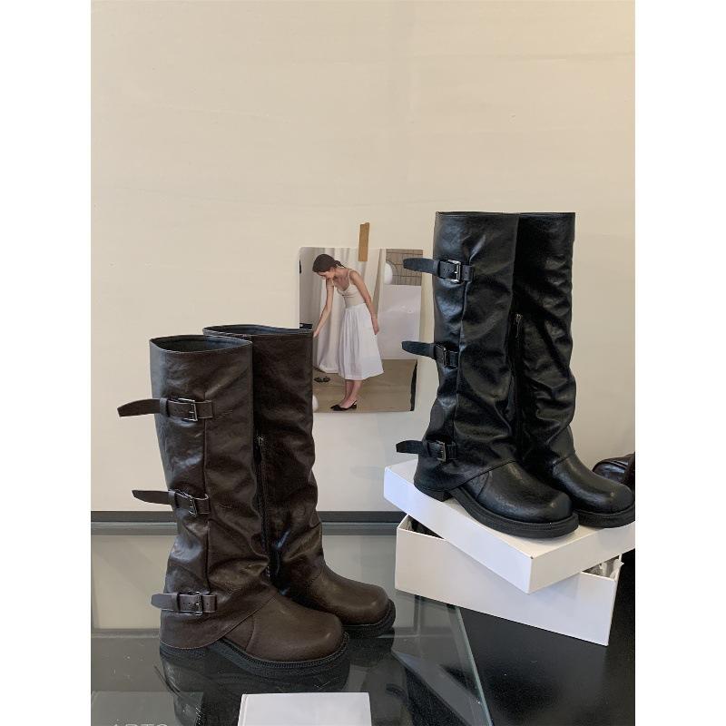 Thick-soled Coffee-colored Long Tube Knight Boots Women's Shoes 2025 New Autumn and Winter Trousers Stacking Boots Medium Tube Thin Long Boots