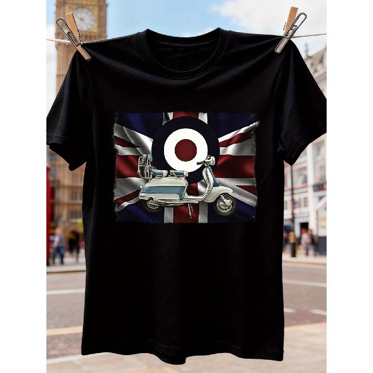Scooter Mod Subculture T-Shirt with Union Jack & Target Graphic - Casual Short Sleeve Round Neck Tee for Scooter, Style Apparel S чёрный