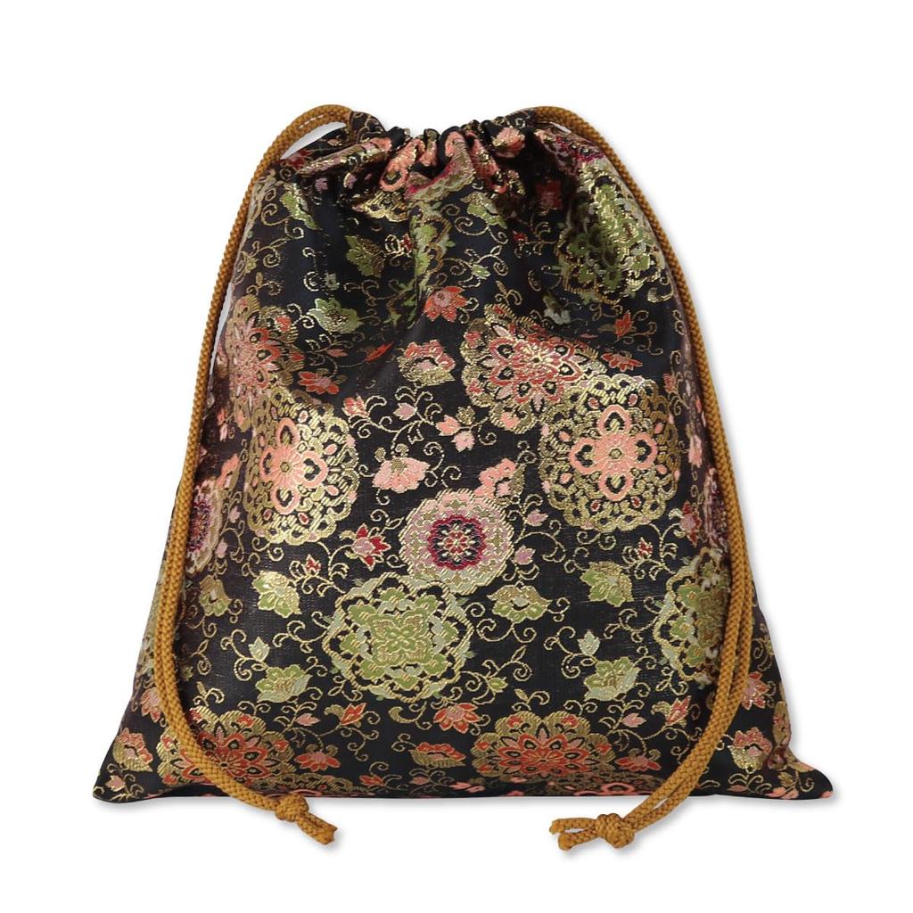 Gold brocade drawstring bag, square, bag, gold brocade, floral arabesque pattern, black
